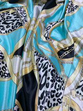 Leopard Animal Print & Chains Satin Fabric - Mint Gold Ivory