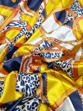 Leopard Animal Print & Chains Satin Fabric - Yellow & Blue