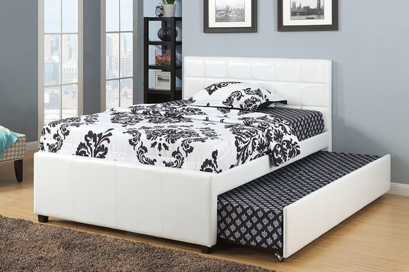 Twin Bed w/ Tufting + Trundle in White Leather