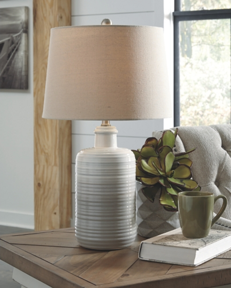 Glazed Ceramic Table Lamp in White and Taupe "Marnina"