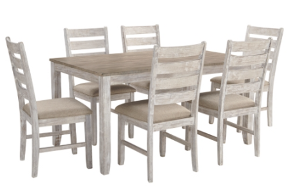 7pc Farmhouse Dining Room Table Set in Weathered White "Skempton" 7pc Farmhouse Dining Room Table Set in Weathered White "Skempton"