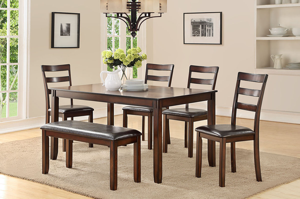 6pc Classic Dining Table Set w/ Bench in Espresso