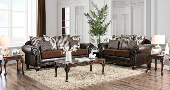 Transitional Sofa & Love Seat in Brown Leatherette "Midleton"