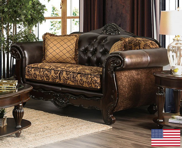 Traditional Love Seat in Tan/Dark Brown "Quirino"