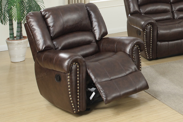 Brown Bonded Leather Motion Loveseat with Stud Trimming