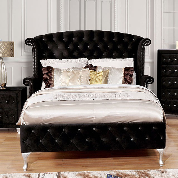 Padded Flannelette Queen Bed Frame in Black "Alzire"