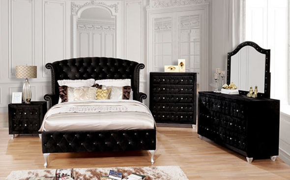 Padded Flannelette Queen Bed Frame in Black "Alzire"