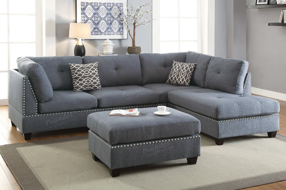 2pc Sectional W/ Ottoman in Blue Grey Polyfiber