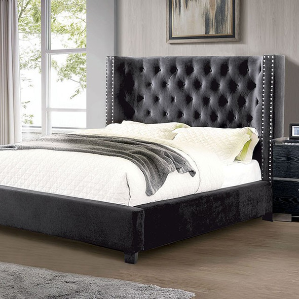 Button Tufted Queen Bed Frame in Dark Grey "Cayla"