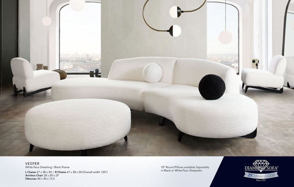 2pc Sofa Chaise in White Faux Shearling "Vesper"