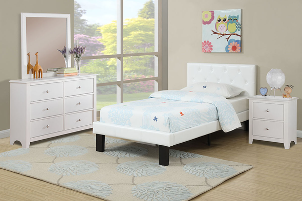 Twin Bed Frame in White Leather w/ Accent Tufting