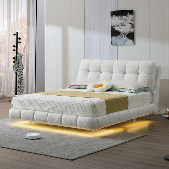 Queen Platform Bed in Sherpa White Queen Platform Bed in Sherpa White