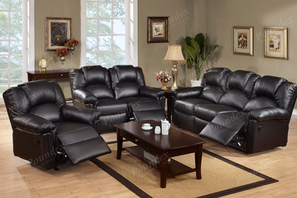 3pc Motion Sofa Set in Black Bonded Leather