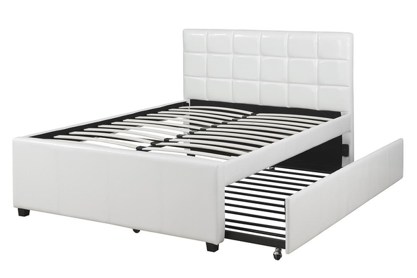 Twin Bed w/ Tufting + Trundle in White Leather