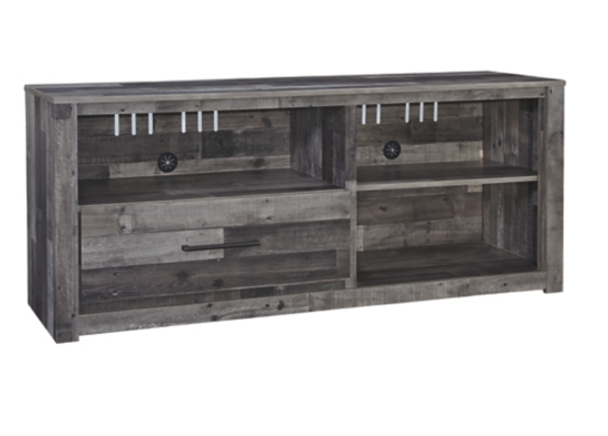 Rustic LG TV Stand w/Fireplace Option in Weathered Gray Pine "Derekson"