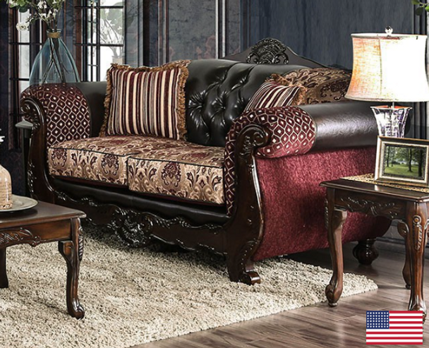 Traditional Sofa & Love Seat in Burgundy/Dark Brown "Quirino"