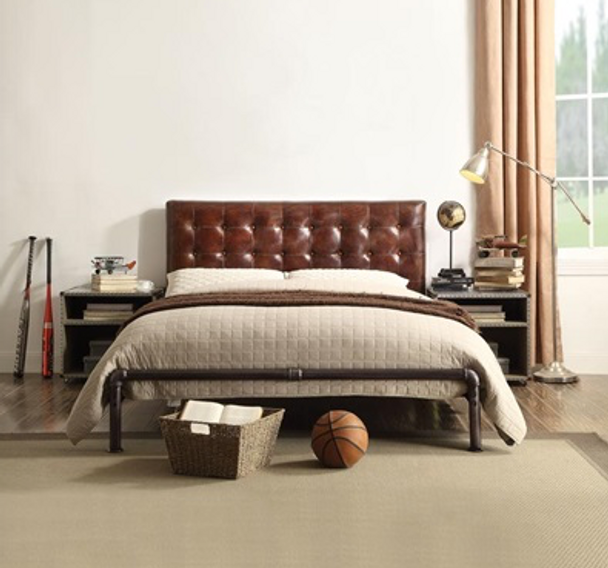 Industrial Queen Bed Frame in Brown Top Grain Leather "Brancaster"