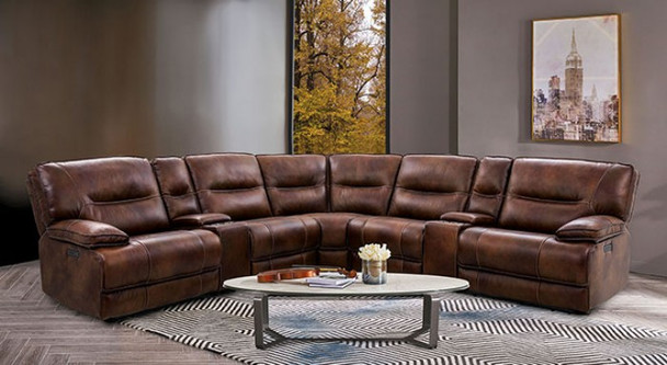 7pc Power Sectional in Rustic Brown Top Grain Leather "LOUELLA'