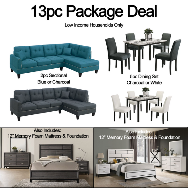 13pc Package Deal - 2pc Sectional, 5pc Dining Set, 6pc Bedroom Set