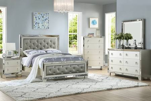 4pc Bedroom Set In Silver Finish Wood W/ Faux Leather Headboard(Queen, EK, CK)