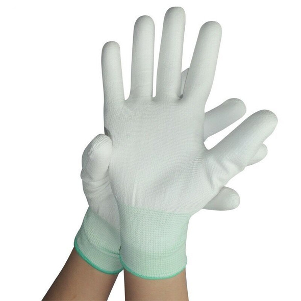 12Pairs White Durable Nylon PU Palm Finger Coated Gloves Anti static Gloves