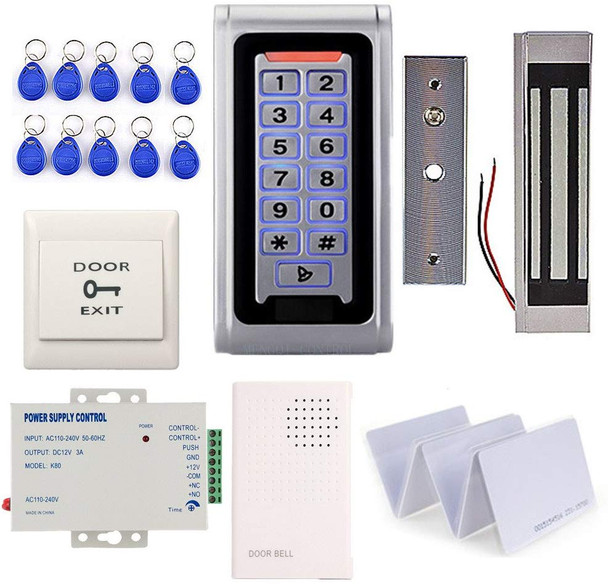 Waterproof Metal RFID Keypad Door Entry Systems & 350lbs Electric Magnetic Lock+Power Supply+Push to Exit Button+RFID Keychains/Cards