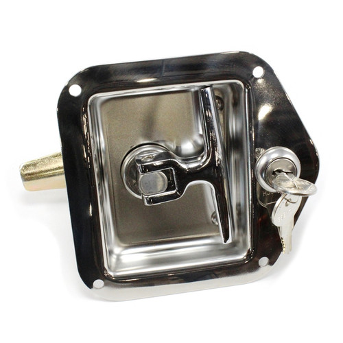 Eberhard Flush, Folding "T" Dead Bolt Latch, 4-7/8 In. L X 4-3/4 In. W, (4) 1/5 In. Dia. Mtg. Holes, V-Grooved Cam With 2 Holes In Cam, Standard Cylinder, Riveted Pan, Water Resistant O-Ring Design, Polished Ss, Lh, Keyed 545 EMC 13-8400 SSL 545 |Austin Hardware