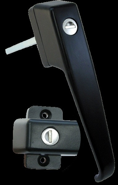 Heavy Duty Locking Handle, Non-Handed, 180 Rotation, 185mm Length. Black Powder-Coating Finish. Mounting Holes At 44mm Centers Are Totally Hidden When Handle Is Locked. Keyed Fs 887. AE9-01037 BLK FS887 |Austin Hardware