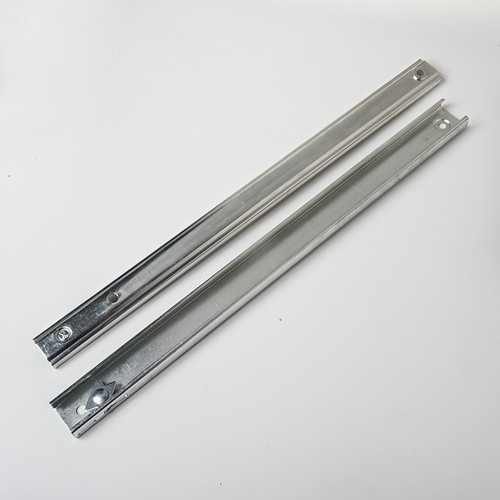 Telescopic Door Prop without flanges.  Constructed from 16 gauge steel.  Safety pin holes provided in latched position to prevent accidental unlatching.  Length extended 32-3/4. Length closed 18.