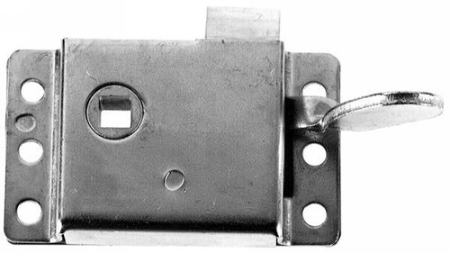 Compartment Latch with Inside Handle, for 5/16 in. square shank. No mortising required. For limited space. Can be applied to door frame 2 in. W. Die formed bushing. Left hand. Zinc finish.