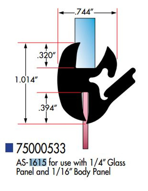 Self-Sealing Weatherstrip, As-1615 For Use With 1/4 In. Glass Panel And 1/16 In. Body Panel - 1