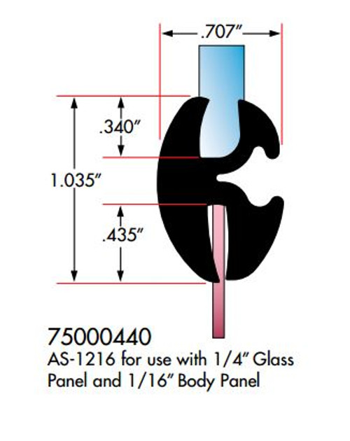 Self-Sealing Weatherstrip, As-1216 For Use With 1/4 In. Glass Panel And 1/16 In. Body Panel
