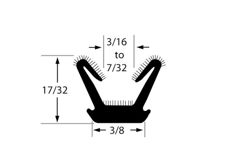 Unbeaded Channel As1268, Flexible, Flocked Lining, All-Rubber, For 3/16 In. To 7/32 In., 17/32 In. H X 3/8 In. W X 96 In. L