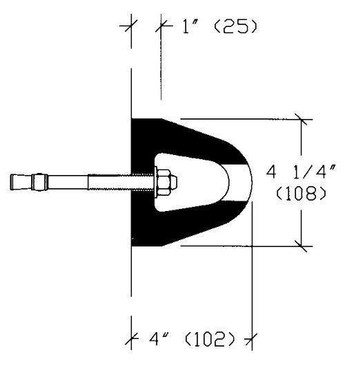 Rubber dock bumper, d-shape, designed for high impact, 18 in. L x 4-1/4 in. W x 4 in. projection with (2) mounting holes 12 in. center to center and 3 in. center to end, black. Also available in gray and yellow and up to 12 in length B-616 BUMPER |Austin Hardware