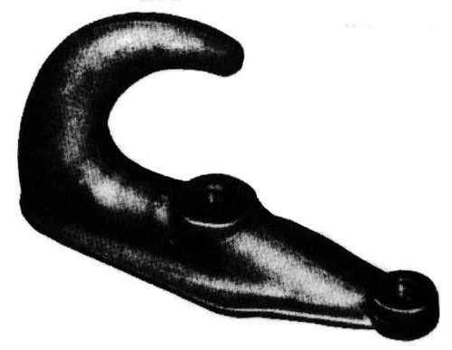 Tow hook, drop forged heavy-duty, (2) mtg. Holes, hook is supported by exeptionally long bearing surface, thickness through center boss is 1-9/16 in., Quality controlled steels give excellent strength to weight ratio, max. Working load is 44,600 lbs.