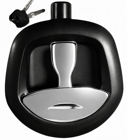 Die Cast Folding Compression "Whale Tail" Latch, 3-pt, key locking w/ padlockable feature, 5.55" L x 5.52" W, LH, black powder coat body/chrome handle, cylinder plug installed, accepts double-bitted key cylinder w/over-molded keys, keyed J204