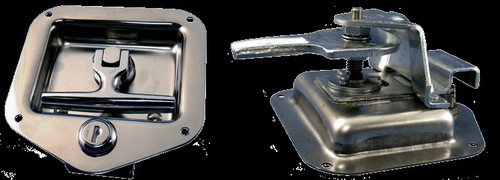 Eberhard Flush, Folding "T" Dead Bolt Latch, 4-7/8 In. L X 4-3/4 In. W, (4) 1/5 In. Dia. Mtg. Holes, V-Grooved Cam With 2 Holes In Cam, Standard Cylinder, Riveted Pan, Water Resistant O-Ring Design, Polished Ss, Rh, Keyed 501 EMC 13-8400 SSR 501 |Austin Hardware