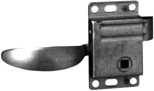 Compartment Latch, Right hand. 3-3/8 in. long x 2 in. wide x 5/8 in. case thickness. With 4-3/4 in. long spoon handle. 3/4 in. edge of door to center of square hole, 5/16 in. square hole for handle. Four 17/64 in. dia. mounting holes and two 17/64 in