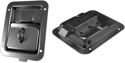 Eberhard Paddle Handle Latch With Padlock Eye, 5-1/2 In. L X 4-1/4 In. W, Standard 45 Slide Bolt, With (4) 11/64 In. Mtg. Holes On 3-3/4 In. X 3-11/16 In. Centers, Ss EMC 85-4907 SS |Austin Hardware