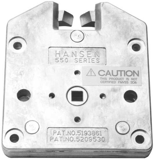 Hansen International Safety Slam Compartment Latch for medium to heavy duty doors. Non-locking, 5/16 in. square hole. 4-15/16 in. length x 4-3/8 in. width x 3/4 in. thick and has (4) 17/64 in. diameter holes. NOT designed for passenger door use of FMVSS 206 approved appl HI 550 |Austin Hardware