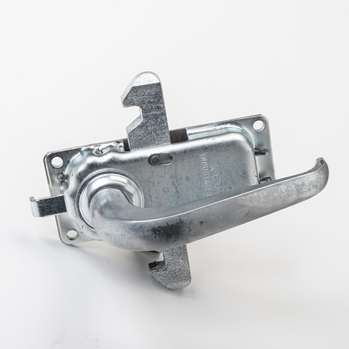 Sliding door latch with easy-grip inside handle, with manual inside slide lock. Double tongue construction adapts latch for right- or left-hand doors, Accepts all 3/8" (9.5mm) square-shank outside handles.