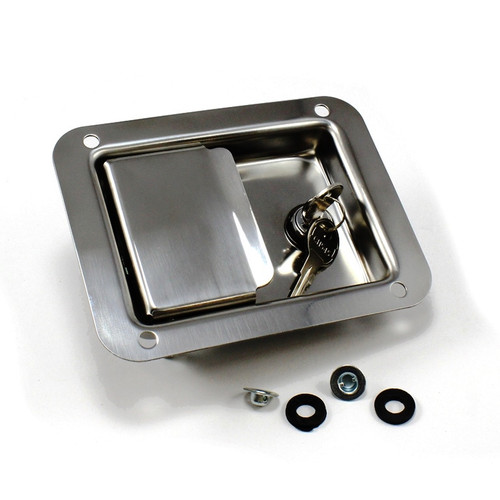 Stainless Steel Paddle Latch, 5-1/2 In. Long X 4-1/4 In. Wide, Key Locking, Flat Tray.  Two Point Engagement.  Four 17/64 In. Mounting Holes On 4-1/8 In. X 3-5/8 In. Centers