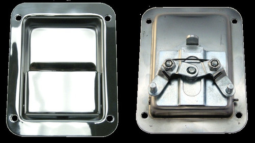 Stainless Steel Paddle Latch, 5-1/2 In. Long X 4-1/4 In. Wide, Non-Locking, Flat Tray. Two Point Engagement. Four 17/64 In. Mounting Holes On 4-1/8 In. X 3-5/8 In. Centers PAD-M-21DR-50-SS |Austin Hardware