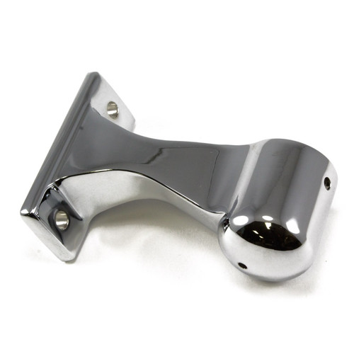 End stanchion for 1 1/4 in. diameter hand rail, 27 offset, set screw hole, chrome plated, round drain hole, flush mtg. holes, left handed End stanchion for 1 1/4 in. diameter hand rail, 27 offset, set screw hole, chrome plated, round drain hole, flush mtg. holes, left handed