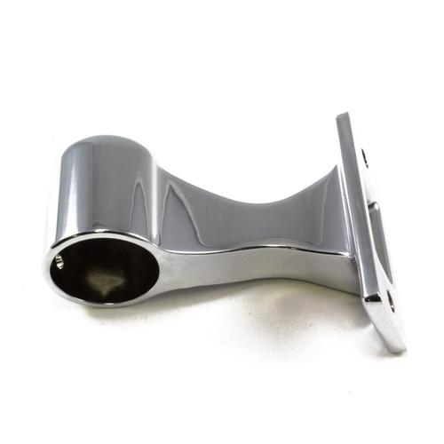 End stanchion for 1 1/4 in. diameter hand rail, 27 offset, set screw hole, chrome plated, round drain hole, flush mtg. holes, right handed End stanchion for 1 1/4 in. diameter hand rail, 27 offset, set screw hole, chrome plated, round drain hole, flush mtg. holes, right handed