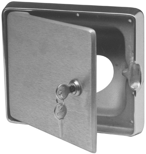 Cast aluminum access door with 2-5/8 in. gas fill hole, 8-1/2 in. L x 7-1/2 in. W with 7/8 in. flange, spring-loaded hinges, with key cylinder hole ONLY (LOCK CYLINDER NOT INCLUDED), outside flange is bright polished aluminum, 120 grit directinoal gr