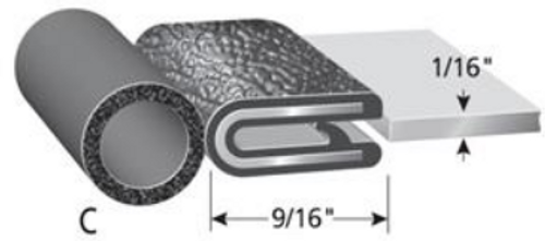 Trim Seal With 3/8 In. Dia. Bulb, Black Pebble, For 1/16 In. Edge Thickness, Aluminum Clips, Bulb Location "C"