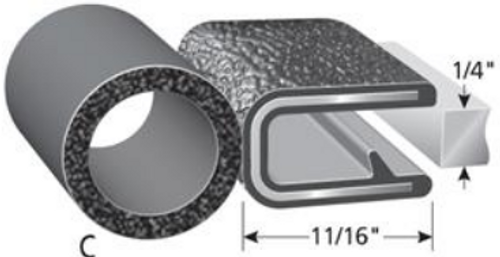 Trim Seal With 5/8 In. Dia. Bulb, Black Pebble, For 1/4 In. Edge Thickness, Aluminum Clips, Bulb Location "C", Sold by the foot.
