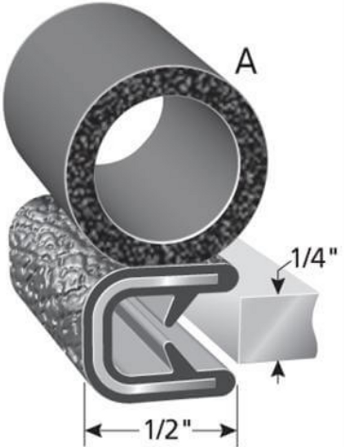 Trim Seal With 3/8 In. Dia. Bulb, Black Leather, For 1/4 In. Edge Thickness, Aluminum Clips, Bulb Location "A", Sold by the foot.