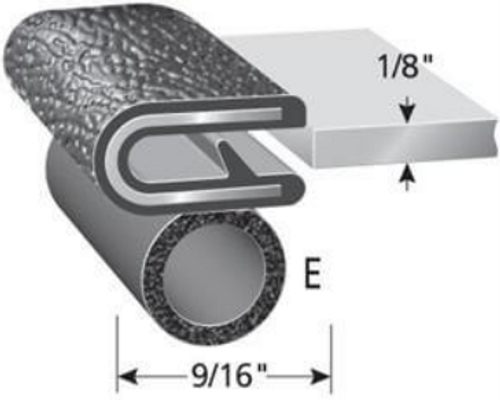 Trim Seal With 3/8 In. Dia. Bulb, Black Pebble, For 1/8 In. Edge Thickness, Aluminum Clips, Bulb Location "E"